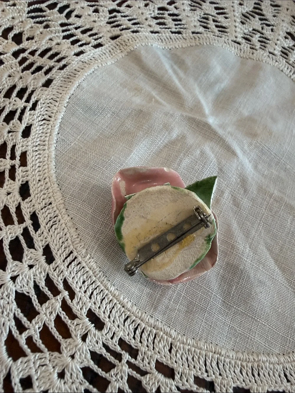 Vintage Pink Ceramic Rose Brooch - Women Accessories